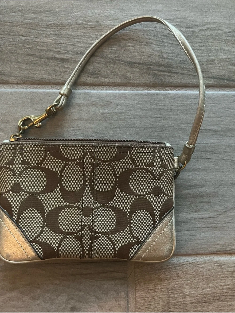 Coach Brown Signature Canvas Wristlet with Metallic Gold Trim
